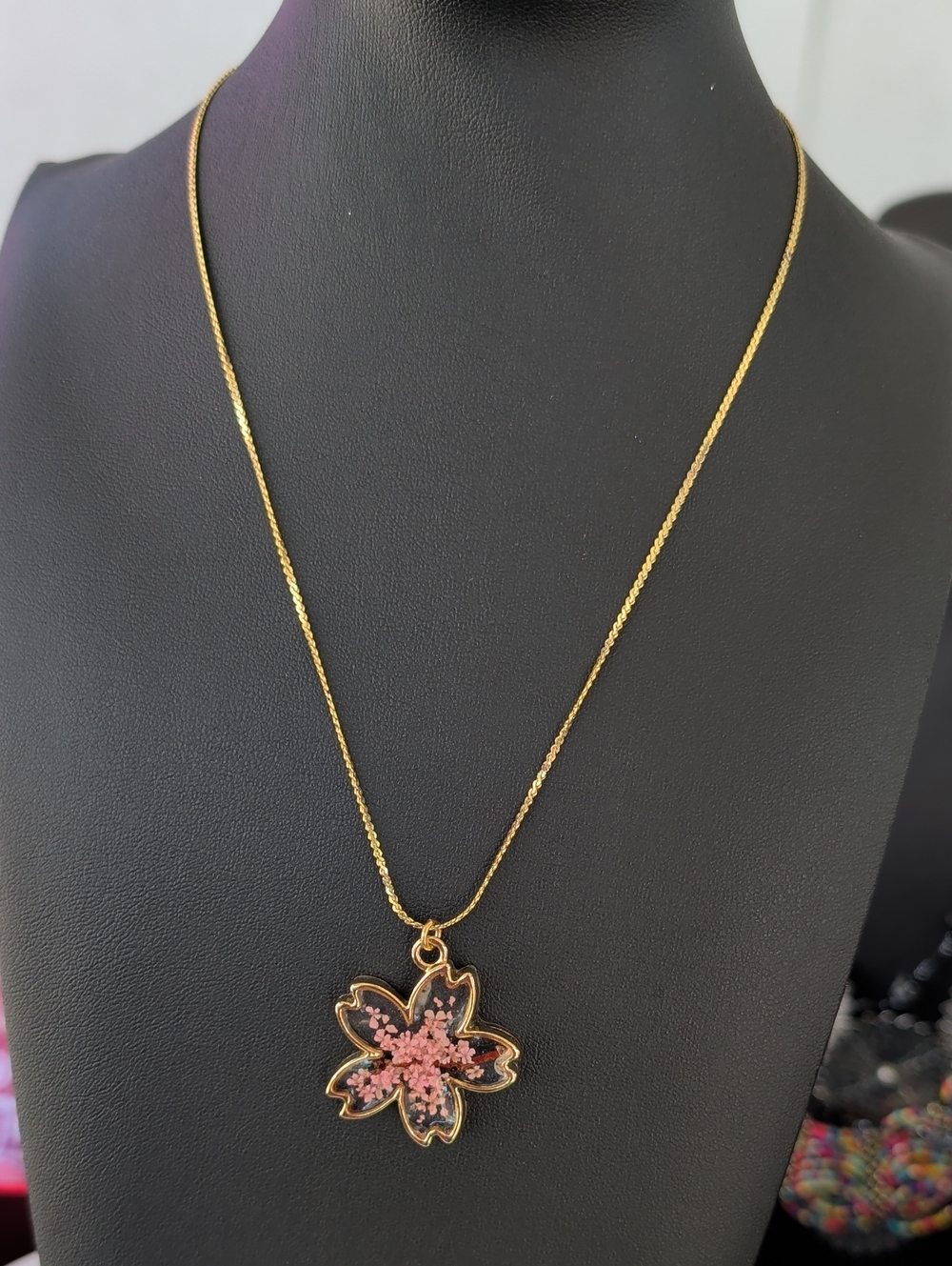 Gold Plated Necklace with Pink Resin Flower Pendant